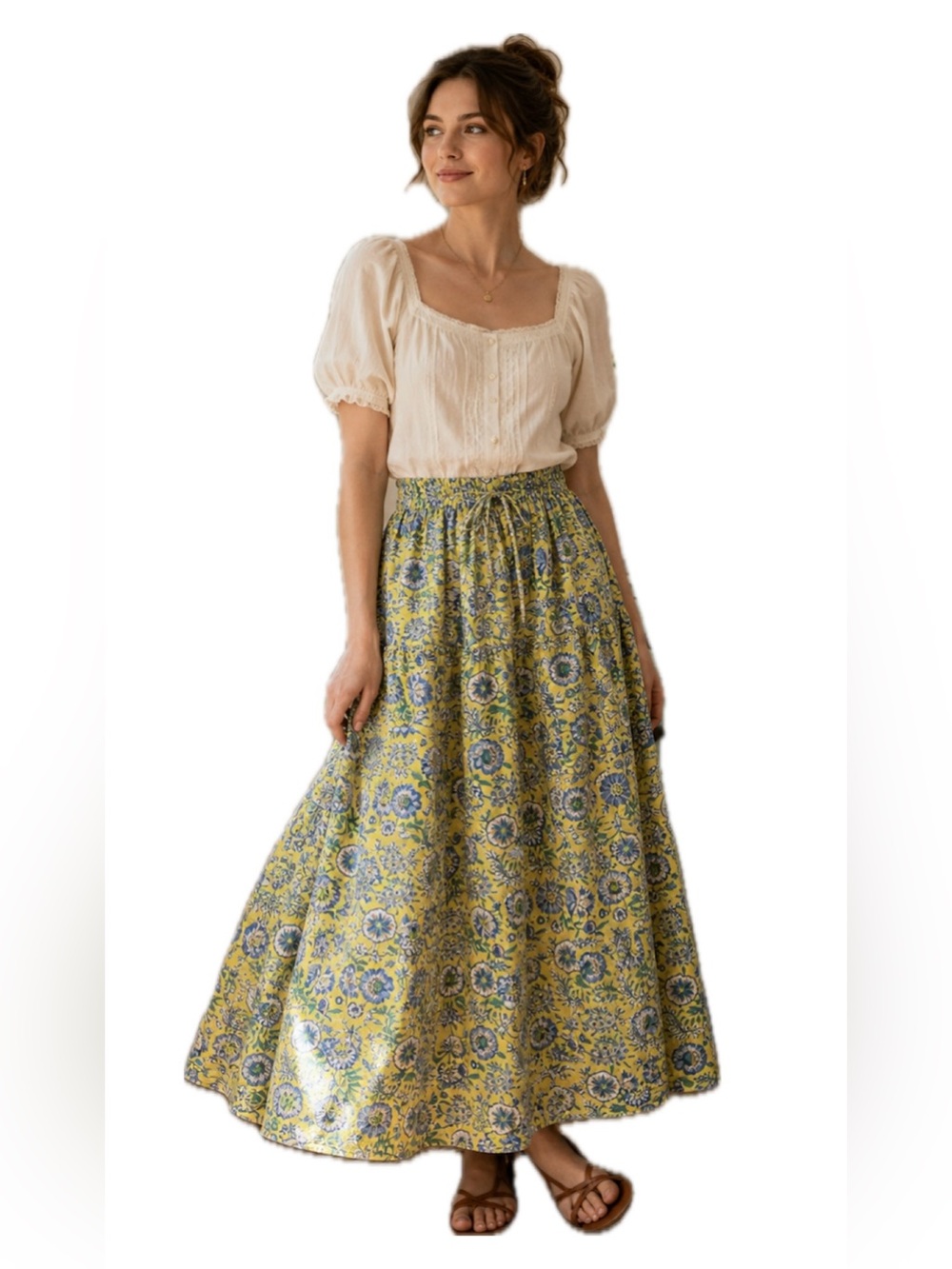 Boho Floral Cotton Maxi Skirt Yellow Blue Block Print Cottagecore Elastic Waist